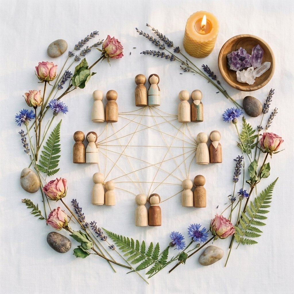 Figuras de madera dispuestas en círculo sobre una corona de flores secas