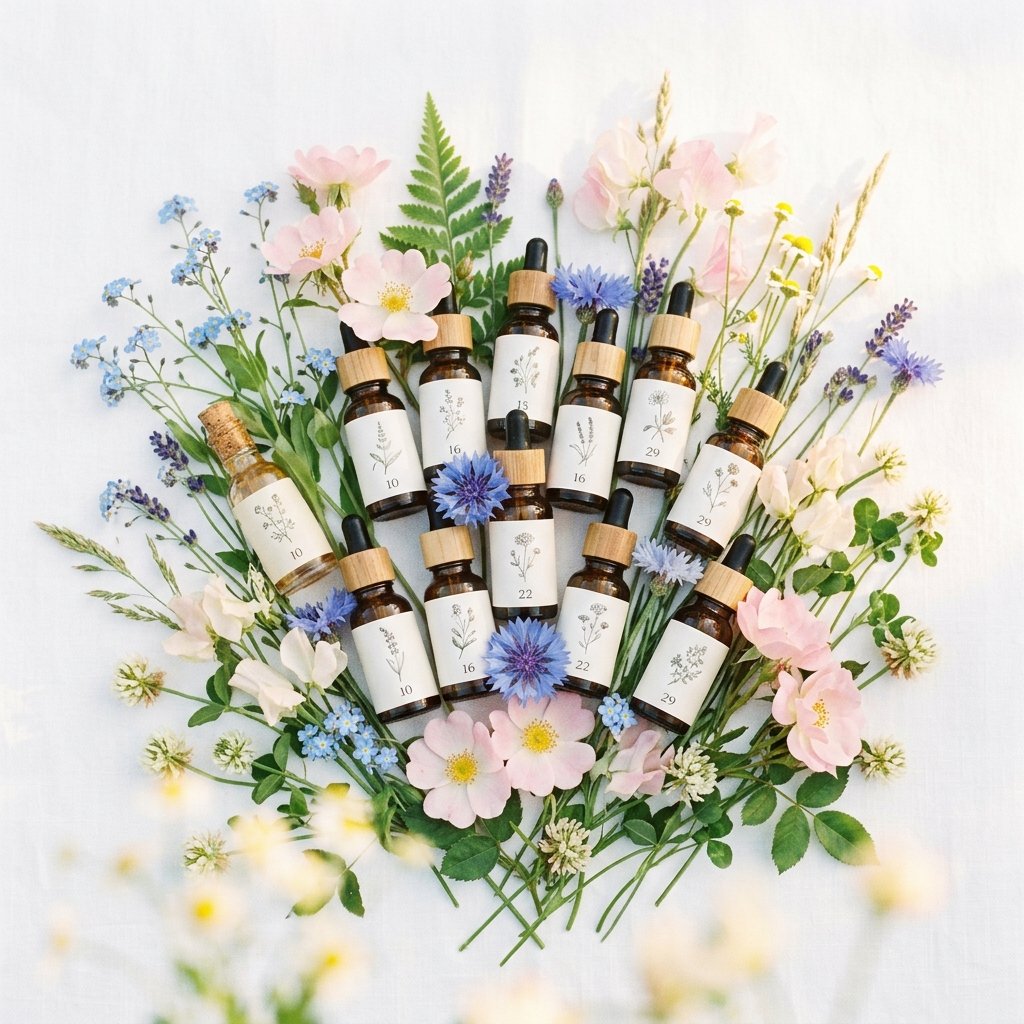 Frascos de esencias florales rodeados de flores silvestres