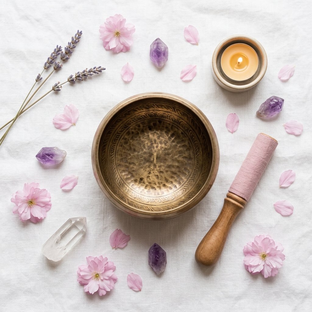 Cuenco tibetano con mazo de madera, vela encendida, cristales y pétalos de flor para sesión de Reiki