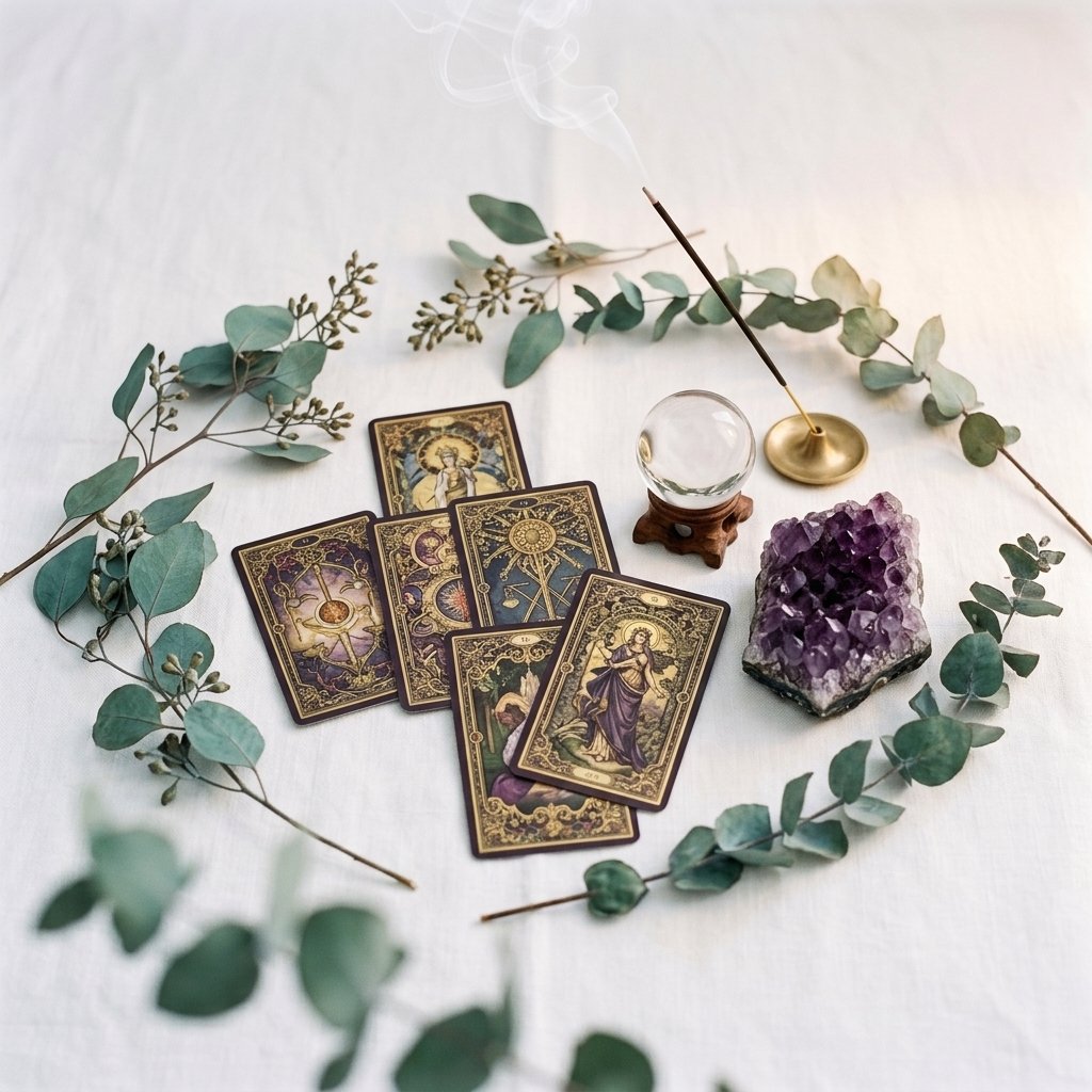 Cartas de tarot con amatistas y hojas de eucalipto