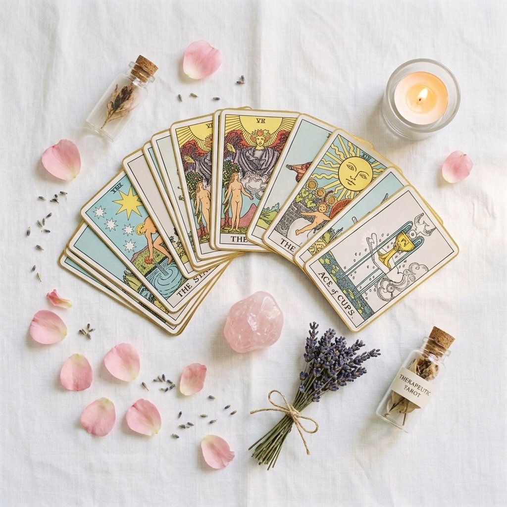 Cartas de tarot dispuestas en abanico junto a pétalos y lavanda